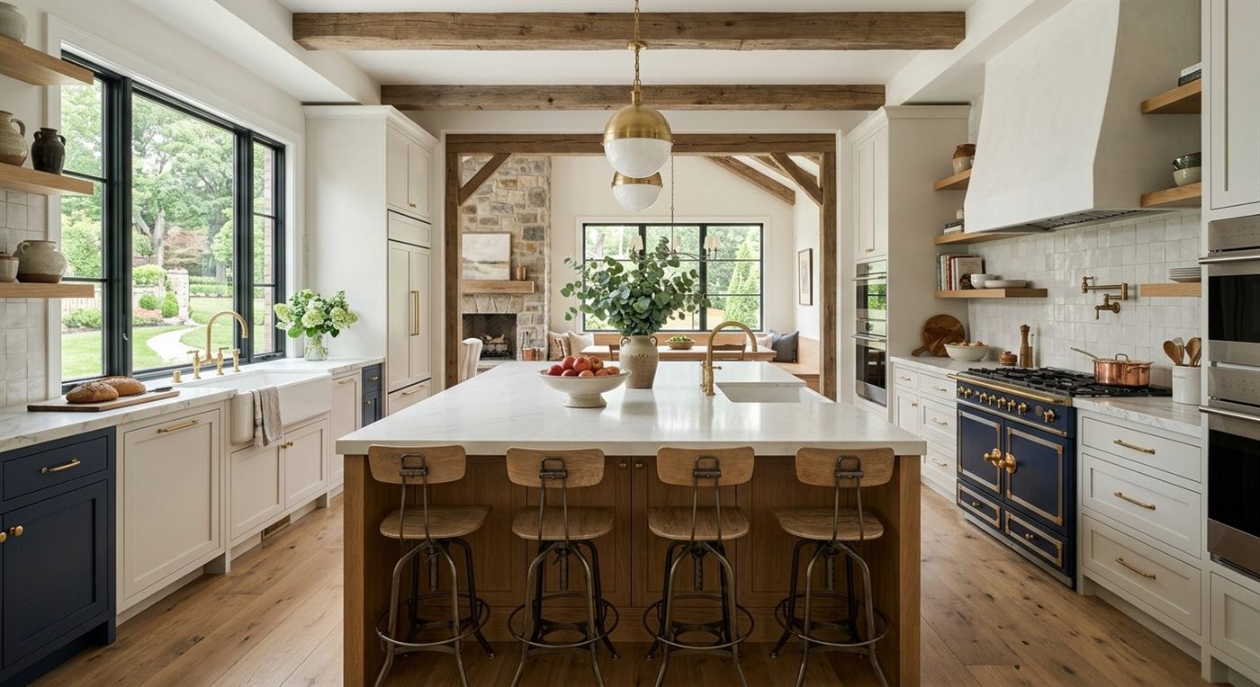 Kitchen design inspiration with white cabinetry, a wood-paneled island, and exposed beams